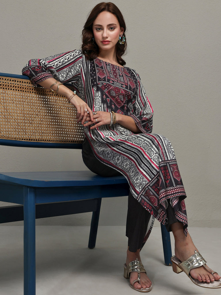 Libas Black Ethnic Printed Silk Blend Straight Kurta