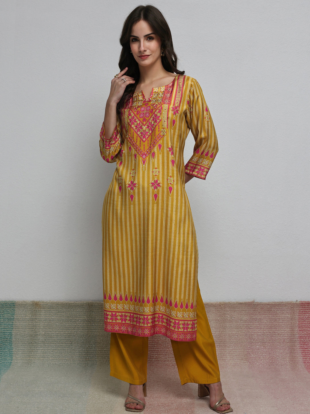 Mustard Striped Printed Silk Blend Straight Kurta 