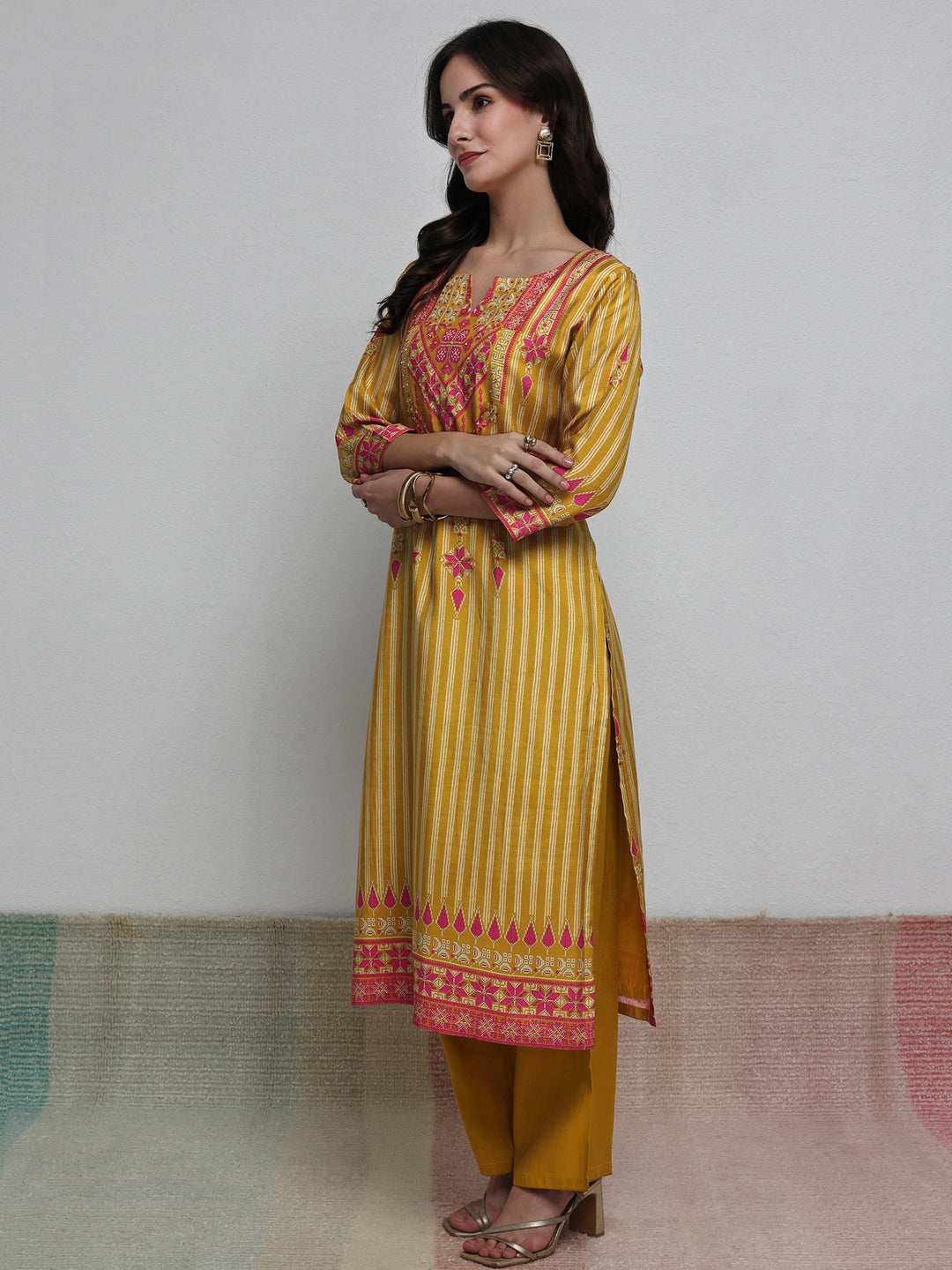  Mustard Striped Printed Silk Blend Straight Kurta 