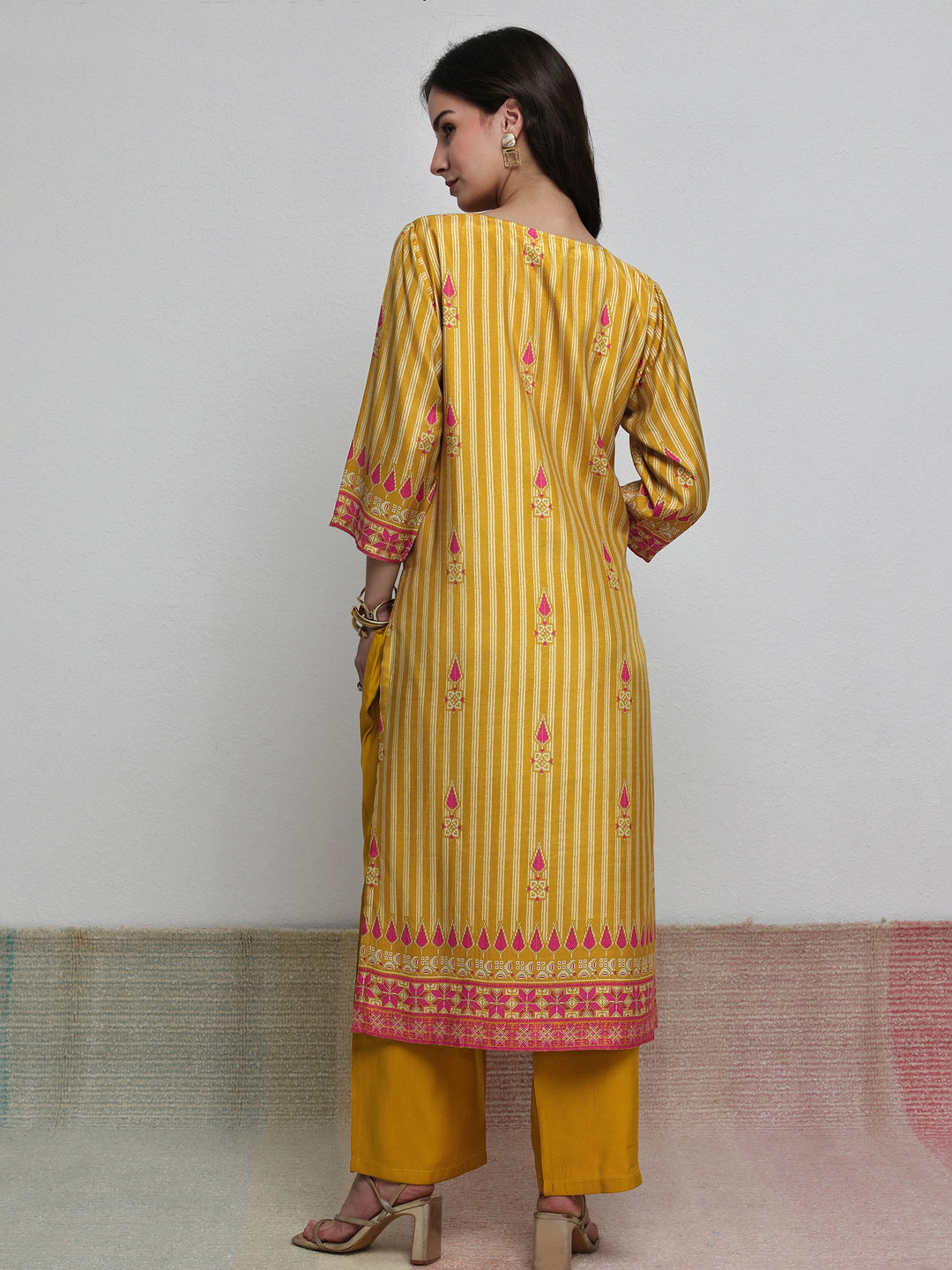  Mustard Striped Printed Silk Blend Straight Kurta 
