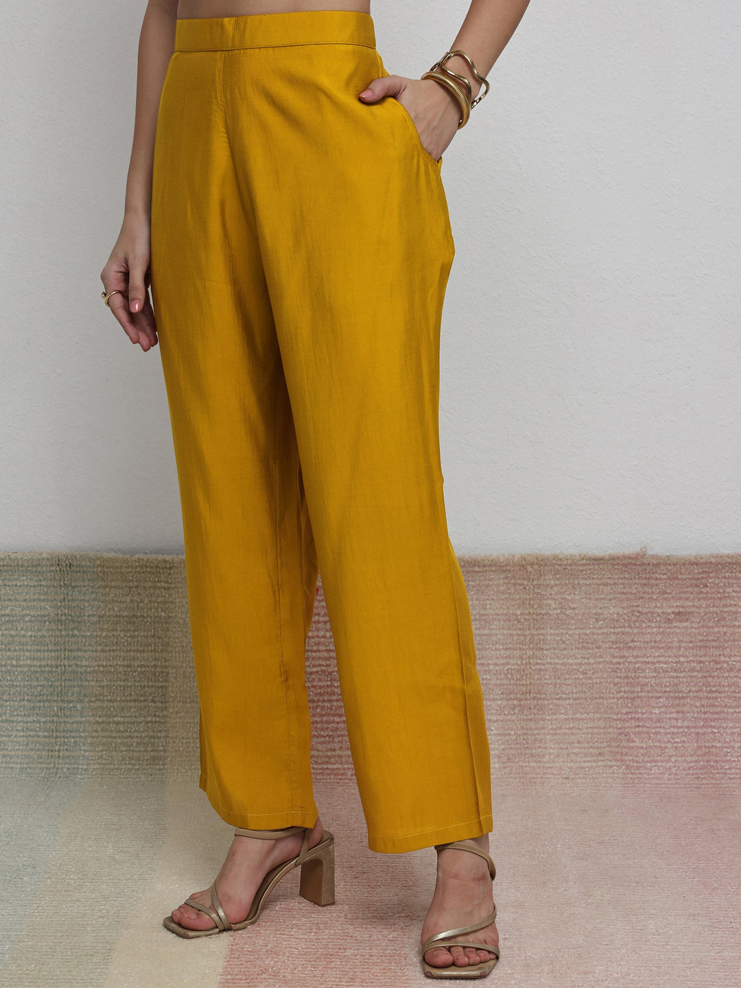  Mustard Striped Printed Silk Blend Straight Kurta 