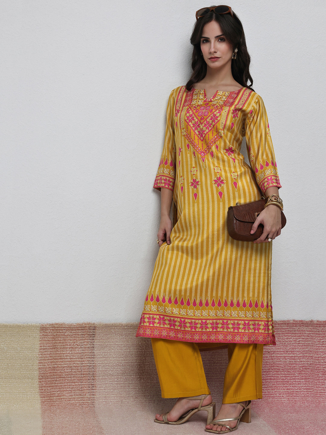 Mustard Striped Printed Silk Blend Straight Kurta 