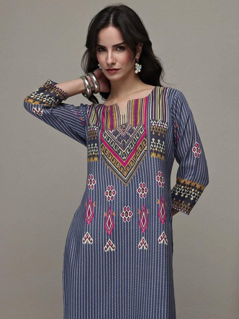 Libas Navy Blue Striped Printed Silk Blend Straight Kurta