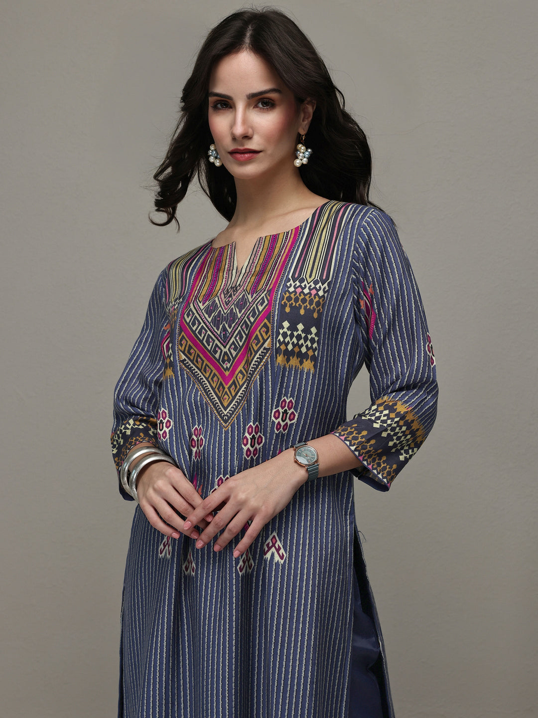  Navy Blue Striped Printed Silk Blend Straight Kurta 