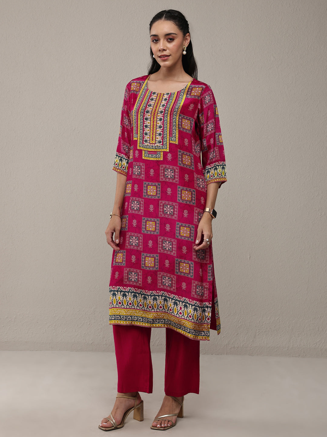  Pink Ethnic Printed Crepe Straight Kurta 