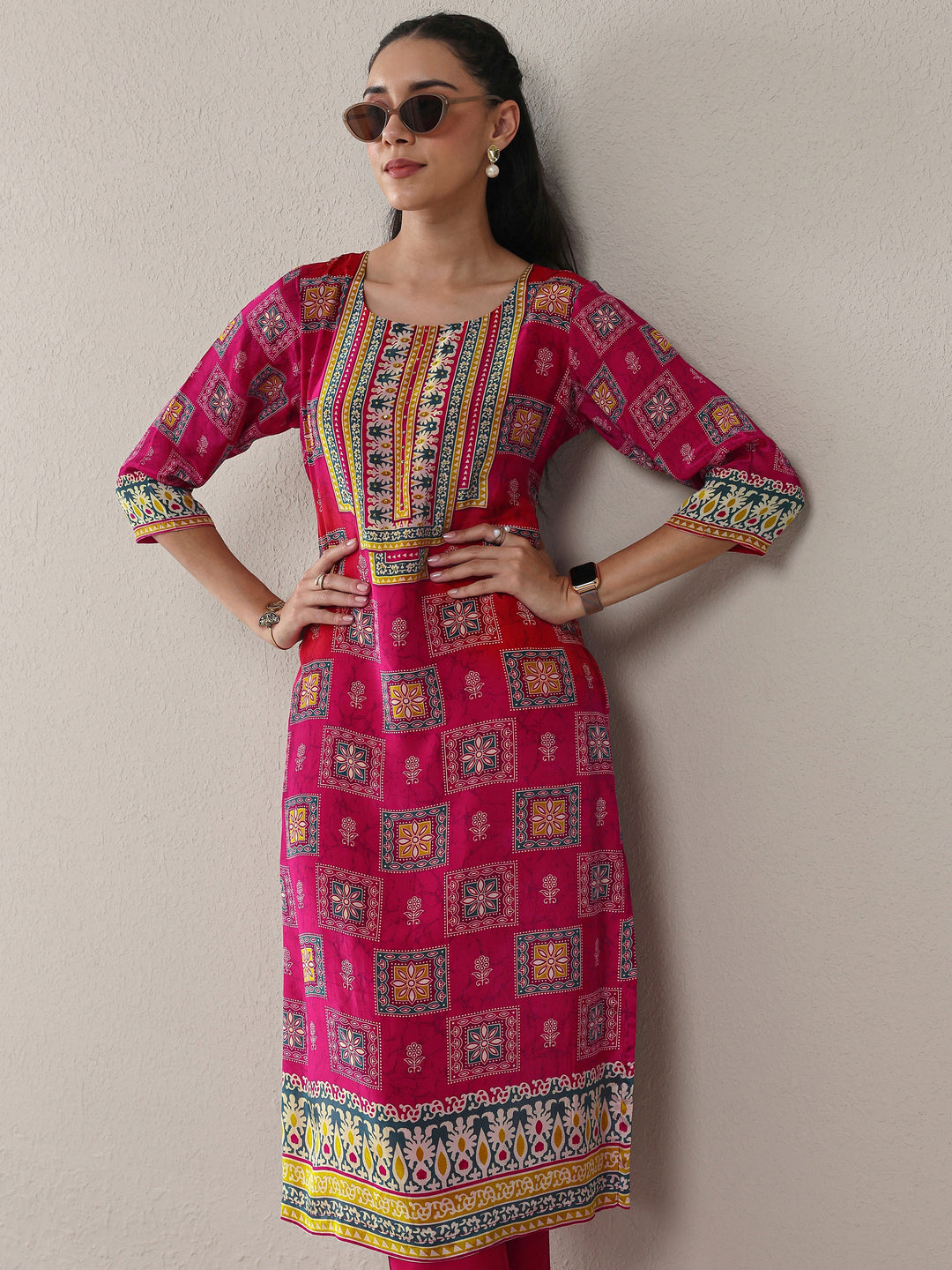  Pink Ethnic Printed Crepe Straight Kurta 