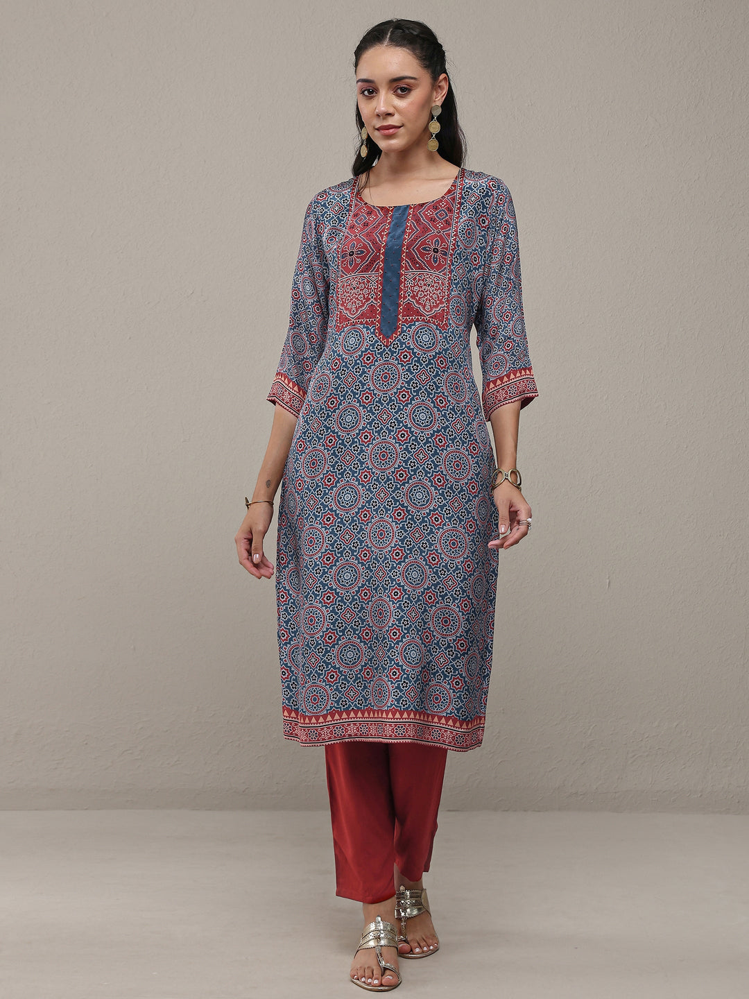  Navy Blue Ajrakh Printed Crepe Straight Kurta 