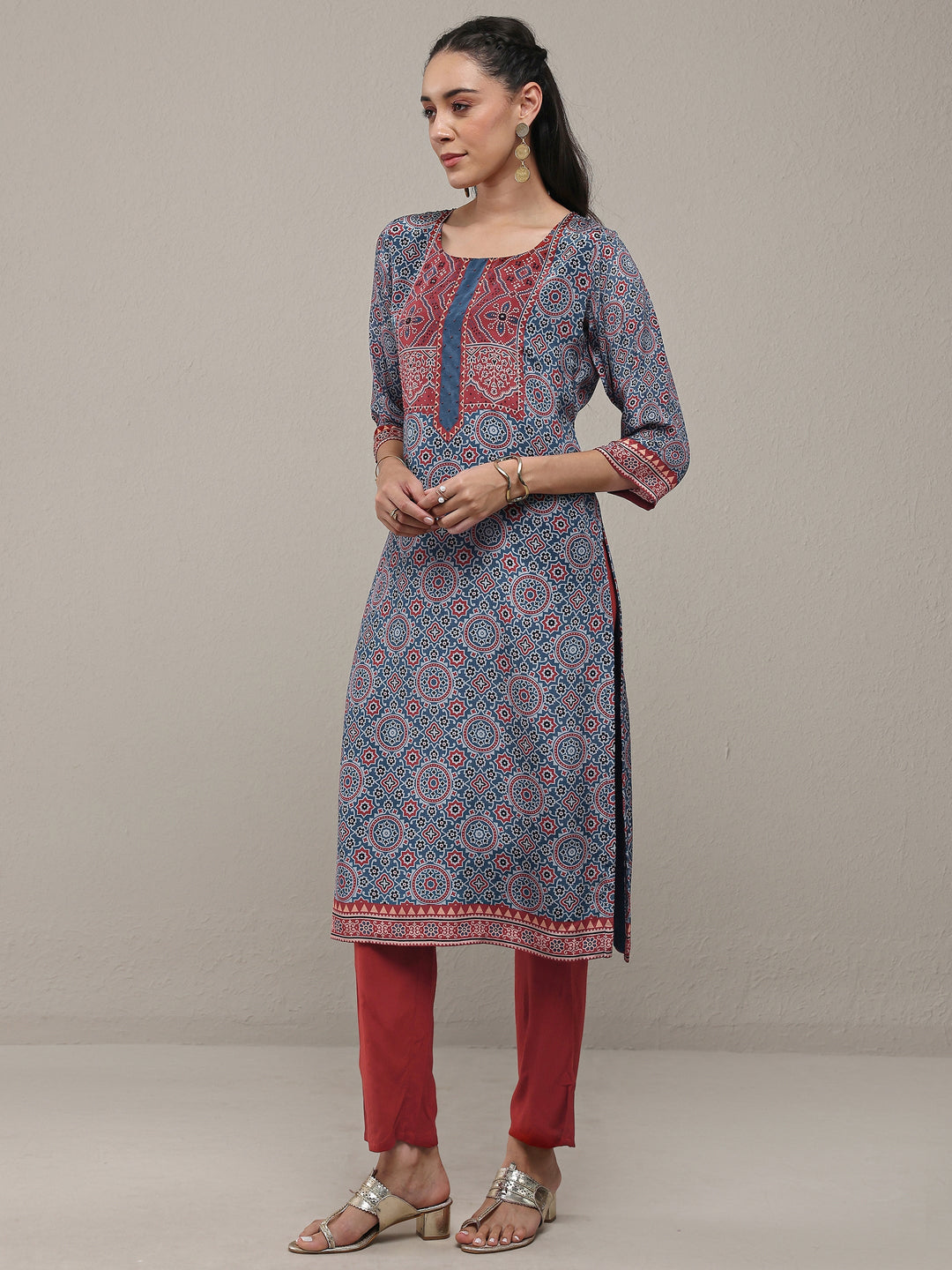  Navy Blue Ajrakh Printed Crepe Straight Kurta 