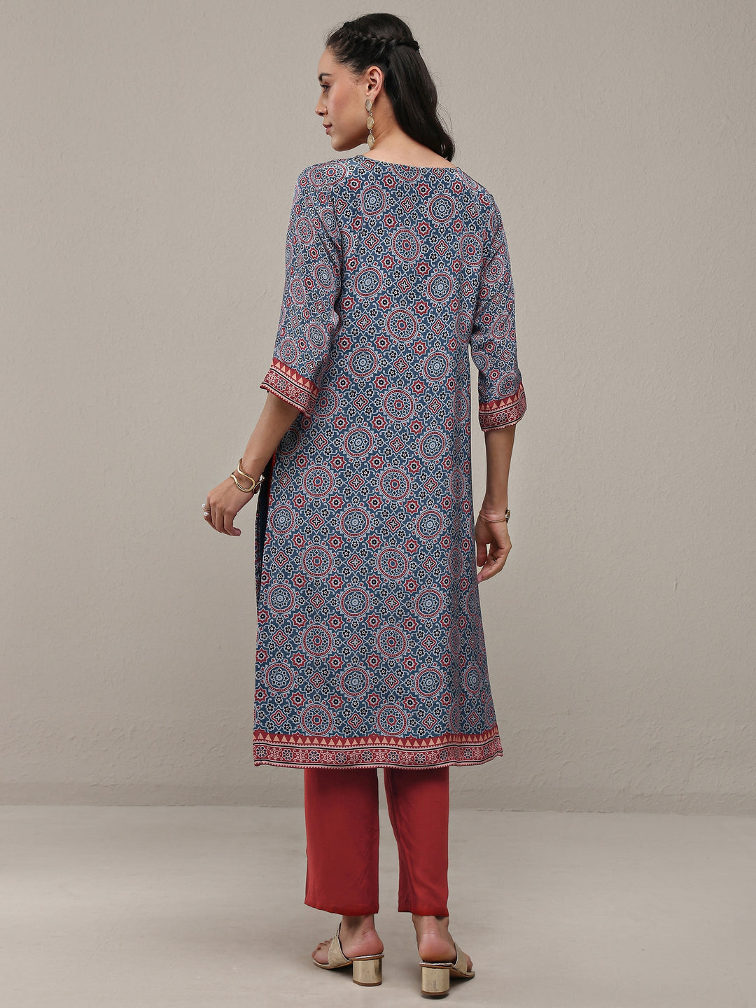  Navy Blue Ajrakh Printed Crepe Straight Kurta 