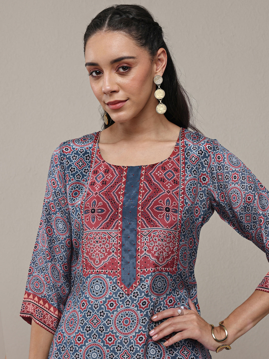  Navy Blue Ajrakh Printed Crepe Straight Kurta 