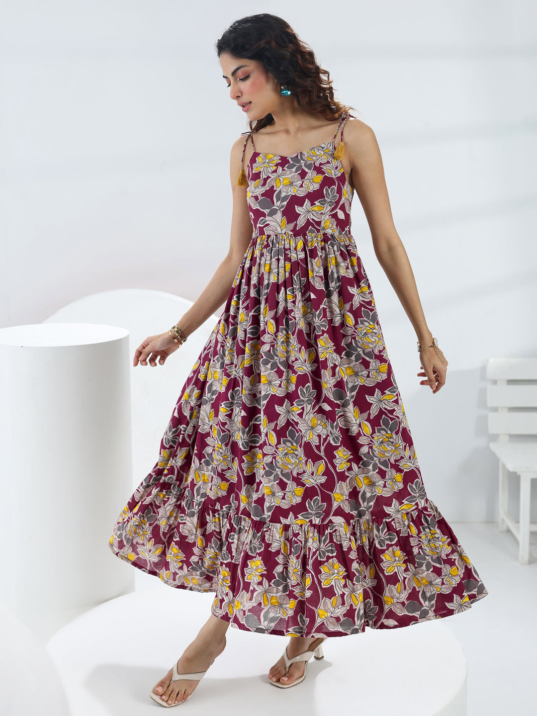  Burgundy Floral Printed Cotton Fit-And-Flare One-Piece Dress 
