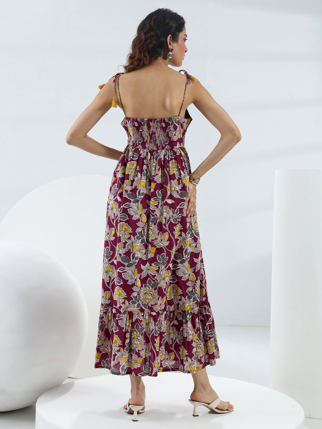  Burgundy Floral Printed Cotton Fit-And-Flare One-Piece Dress 