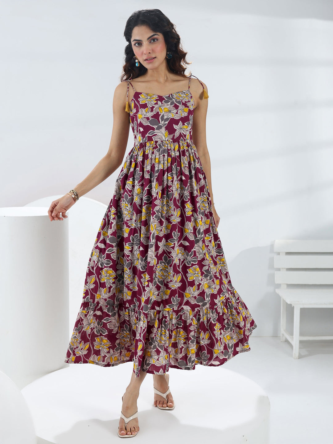  Burgundy Floral Printed Cotton Fit-And-Flare One-Piece Dress 