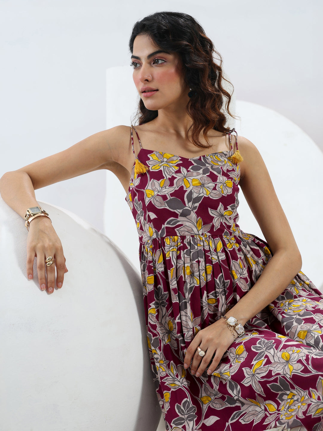  Burgundy Floral Printed Cotton Fit-And-Flare One-Piece Dress 