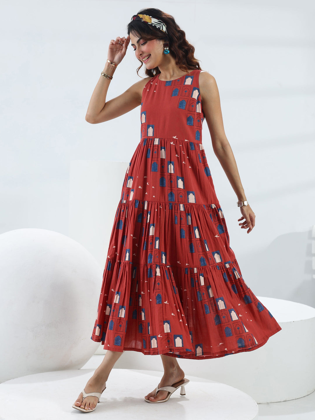  Red Quirky Printed Cotton Fit-And-Flare One-Piece Tiered Dress 