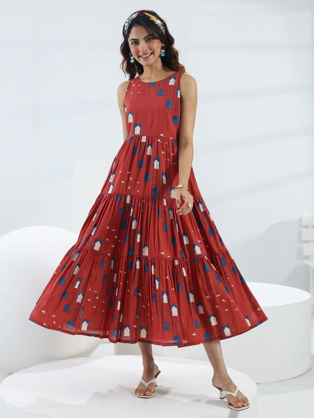  Red Quirky Printed Cotton Fit-And-Flare One-Piece Tiered Dress 