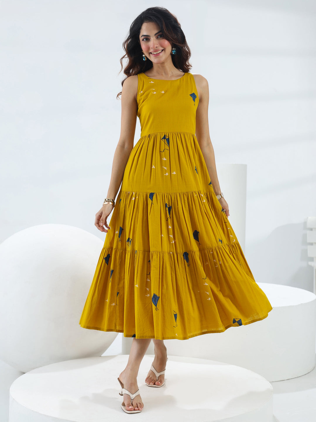  Mustard Quirky Printed Cotton Fit-And-Flare One-Piece Tiered Dress 