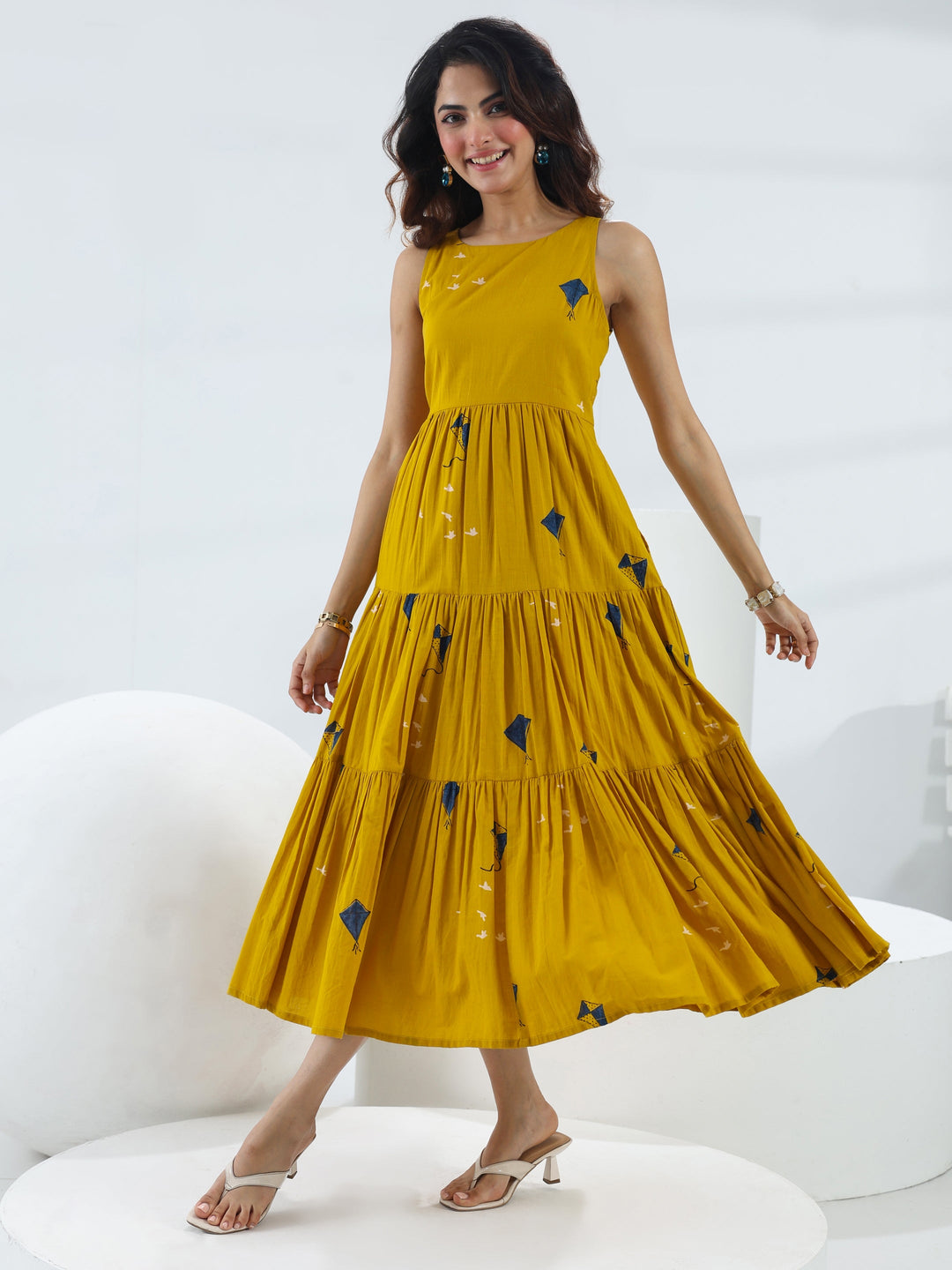  Mustard Quirky Printed Cotton Fit-And-Flare One-Piece Tiered Dress 