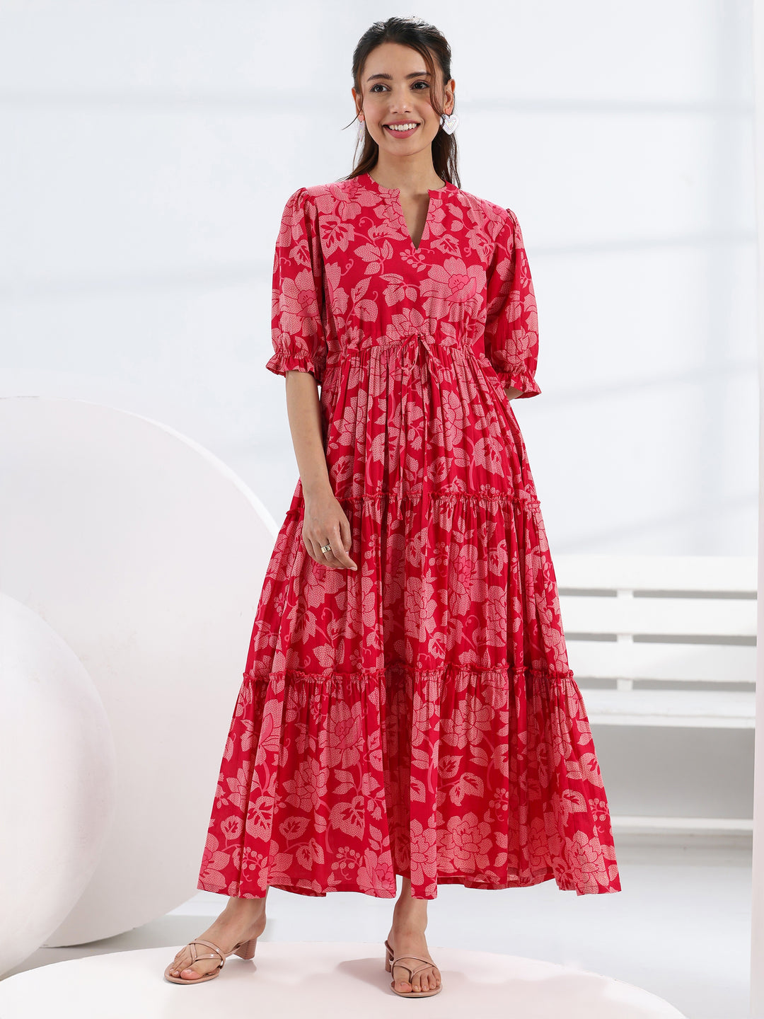  Pink Floral Printed Cotton Fit-And-Flare Tiered One Piece Dress 