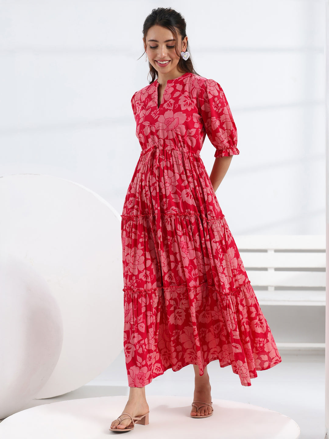  Pink Floral Printed Cotton Fit-And-Flare Tiered One Piece Dress 