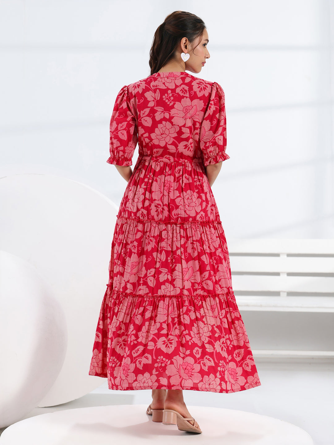  Pink Floral Printed Cotton Fit-And-Flare Tiered One Piece Dress 