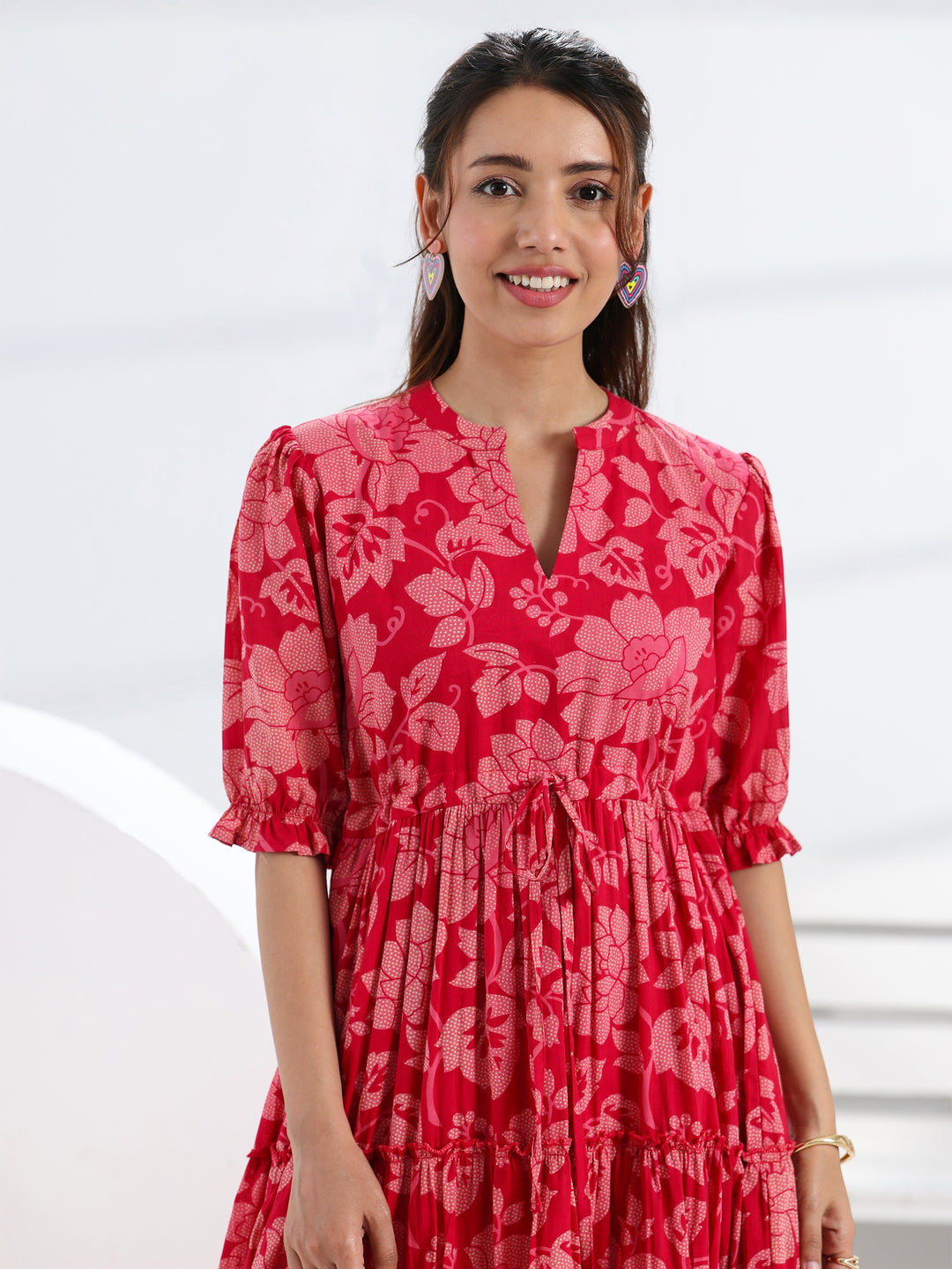  Pink Floral Printed Cotton Fit-And-Flare Tiered One Piece Dress 