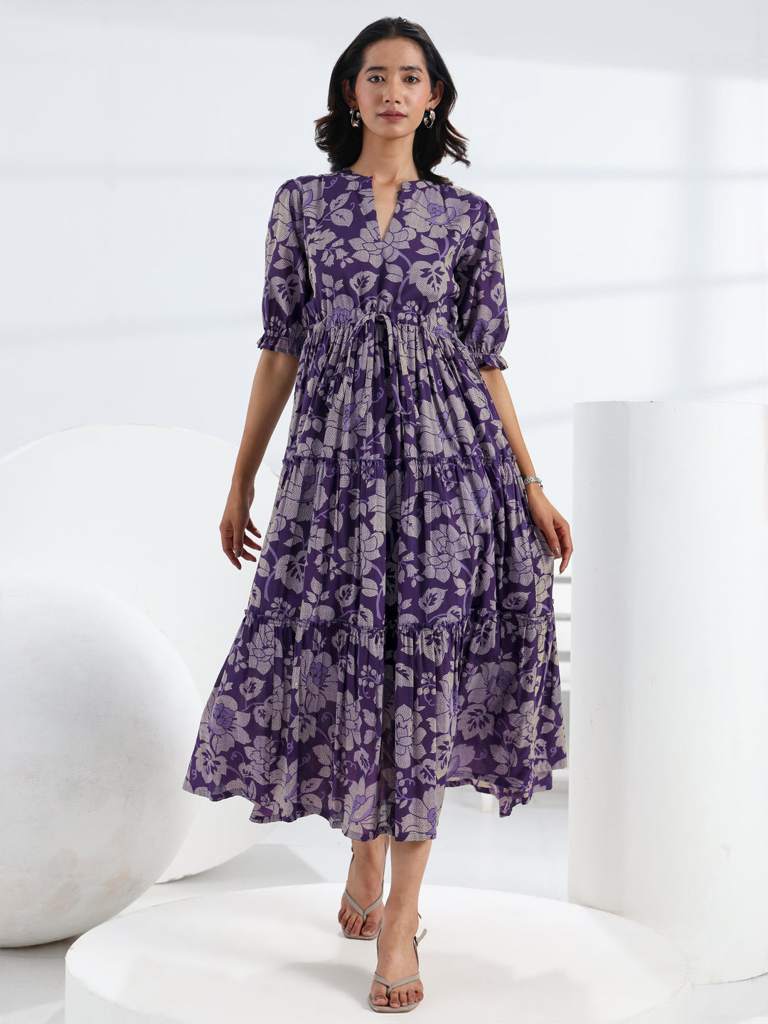  Purple Floral Printed Cotton Tiered One Piece Dress 