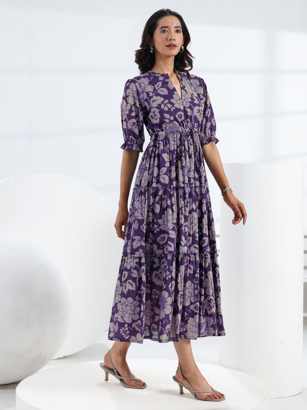  Purple Floral Printed Cotton Tiered One Piece Dress 