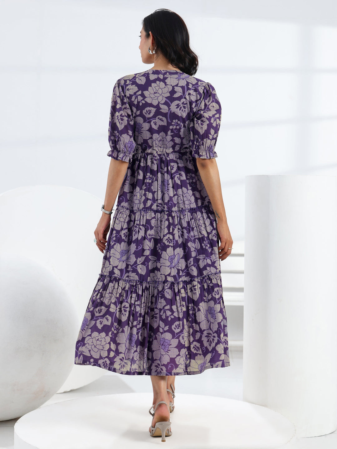  Purple Floral Printed Cotton Tiered One Piece Dress 