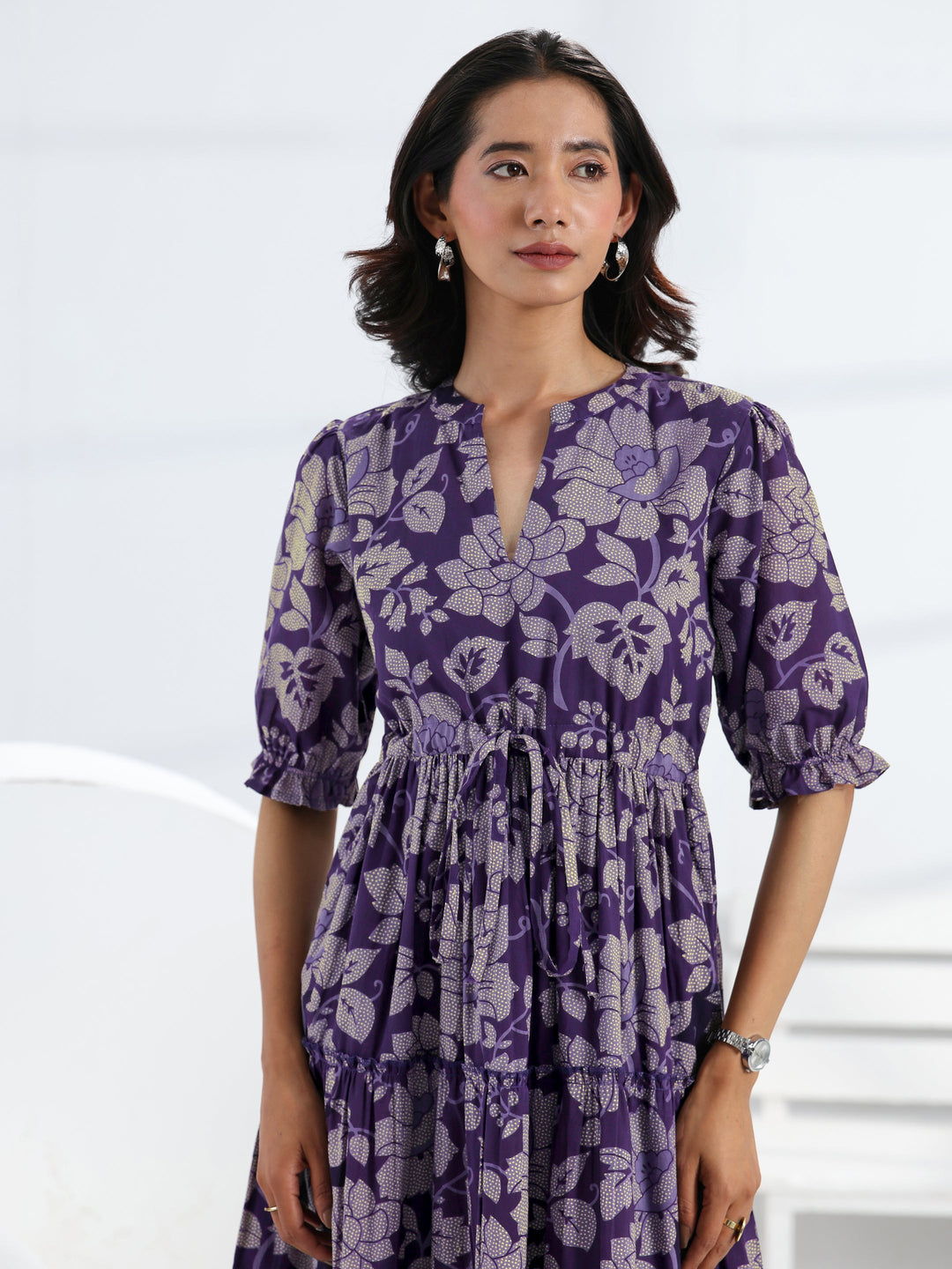  Purple Floral Printed Cotton Tiered One Piece Dress 