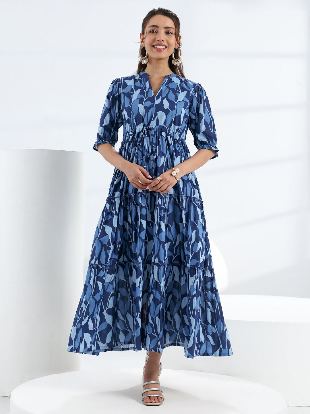 Blue Tropical Printed Cotton Tiered  One Piece Dress 