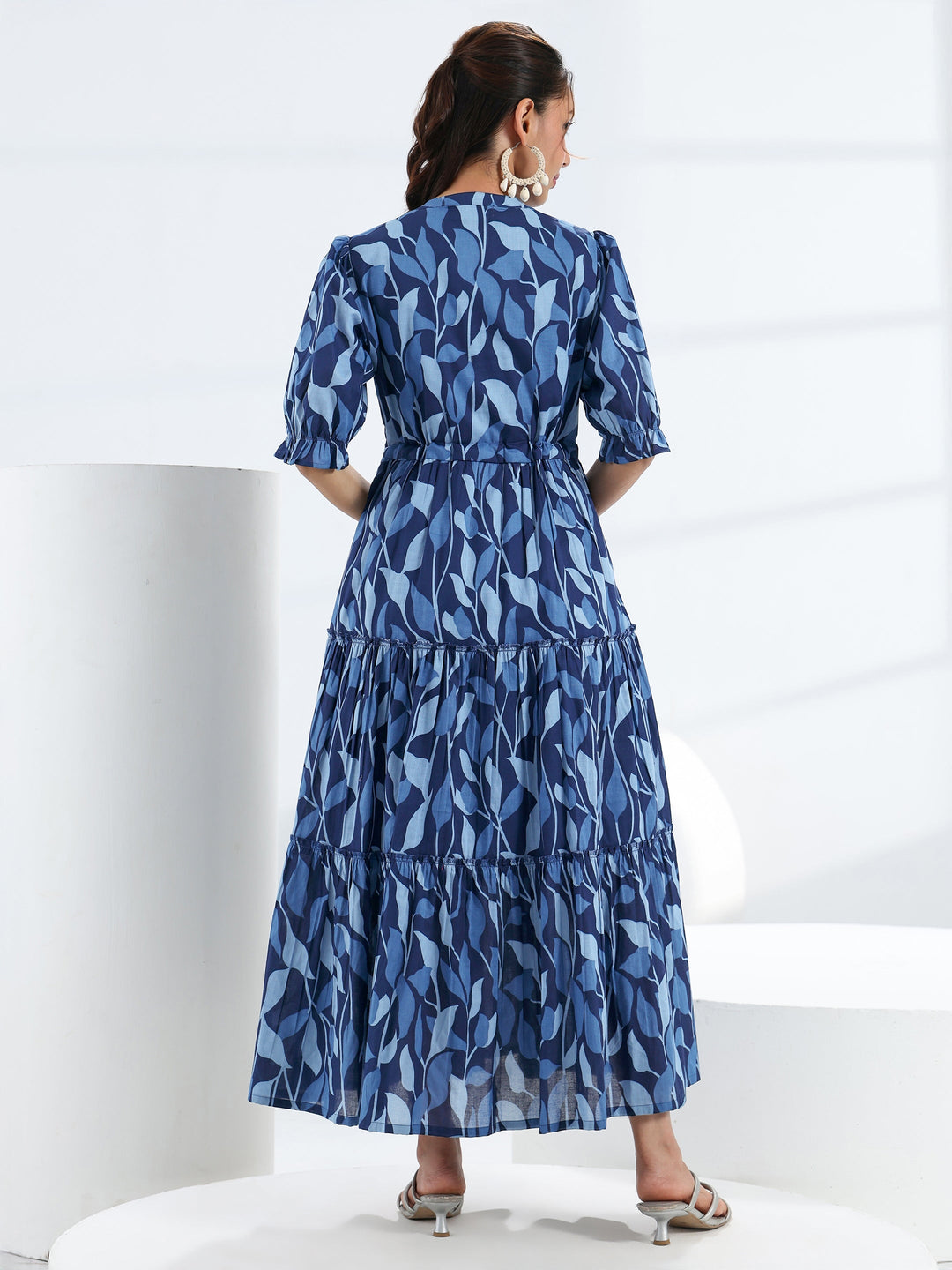  Blue Tropical Printed Cotton Tiered  One Piece Dress 