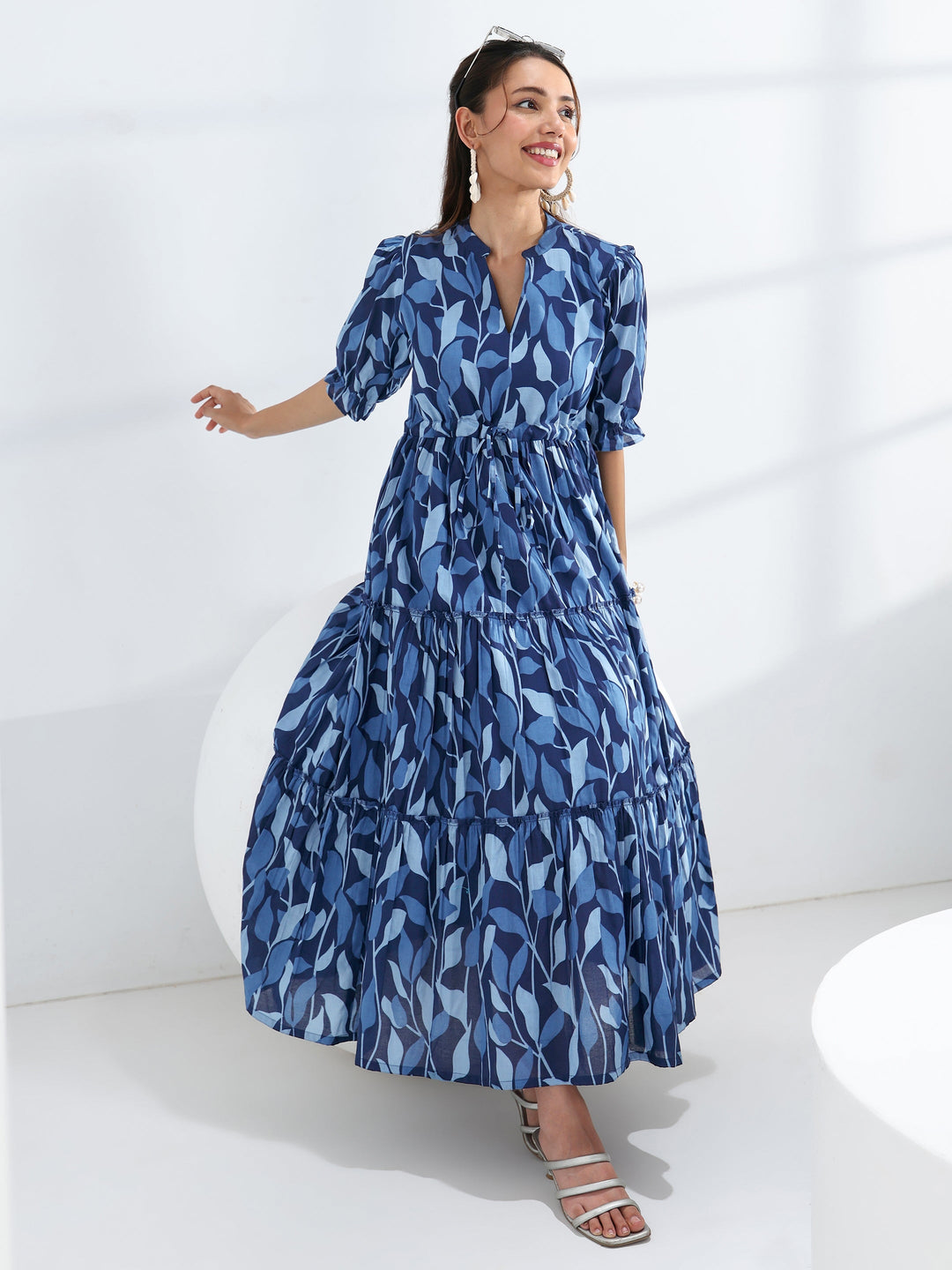  Blue Tropical Printed Cotton Tiered  One Piece Dress 