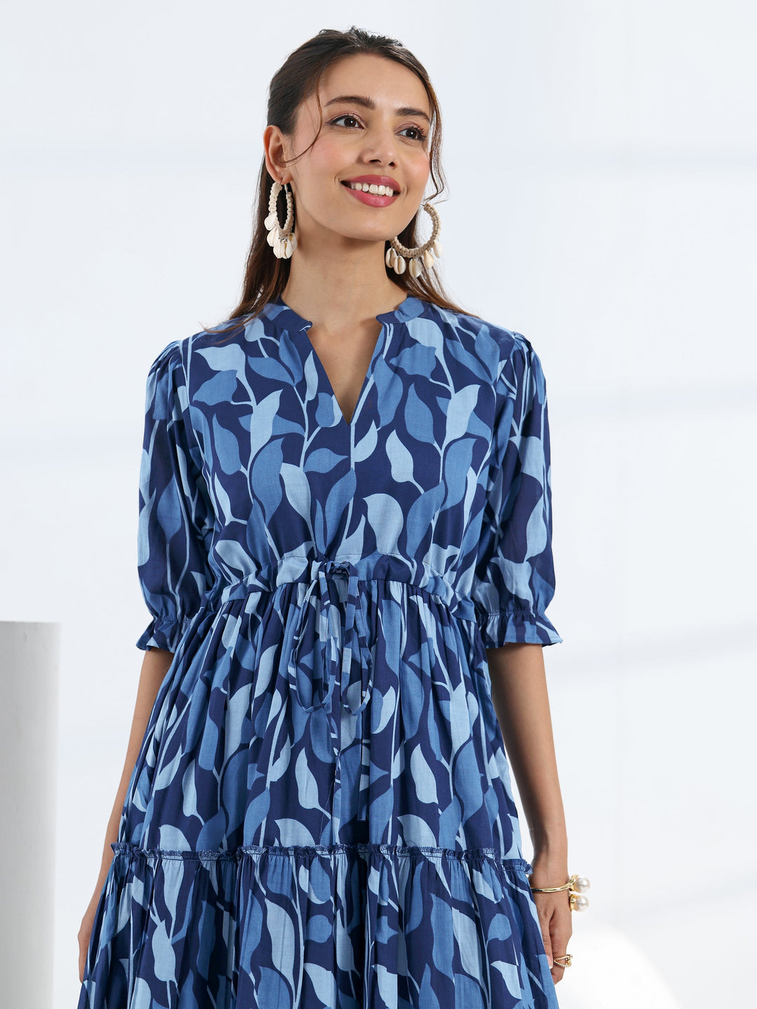  Blue Tropical Printed Cotton Tiered  One Piece Dress 