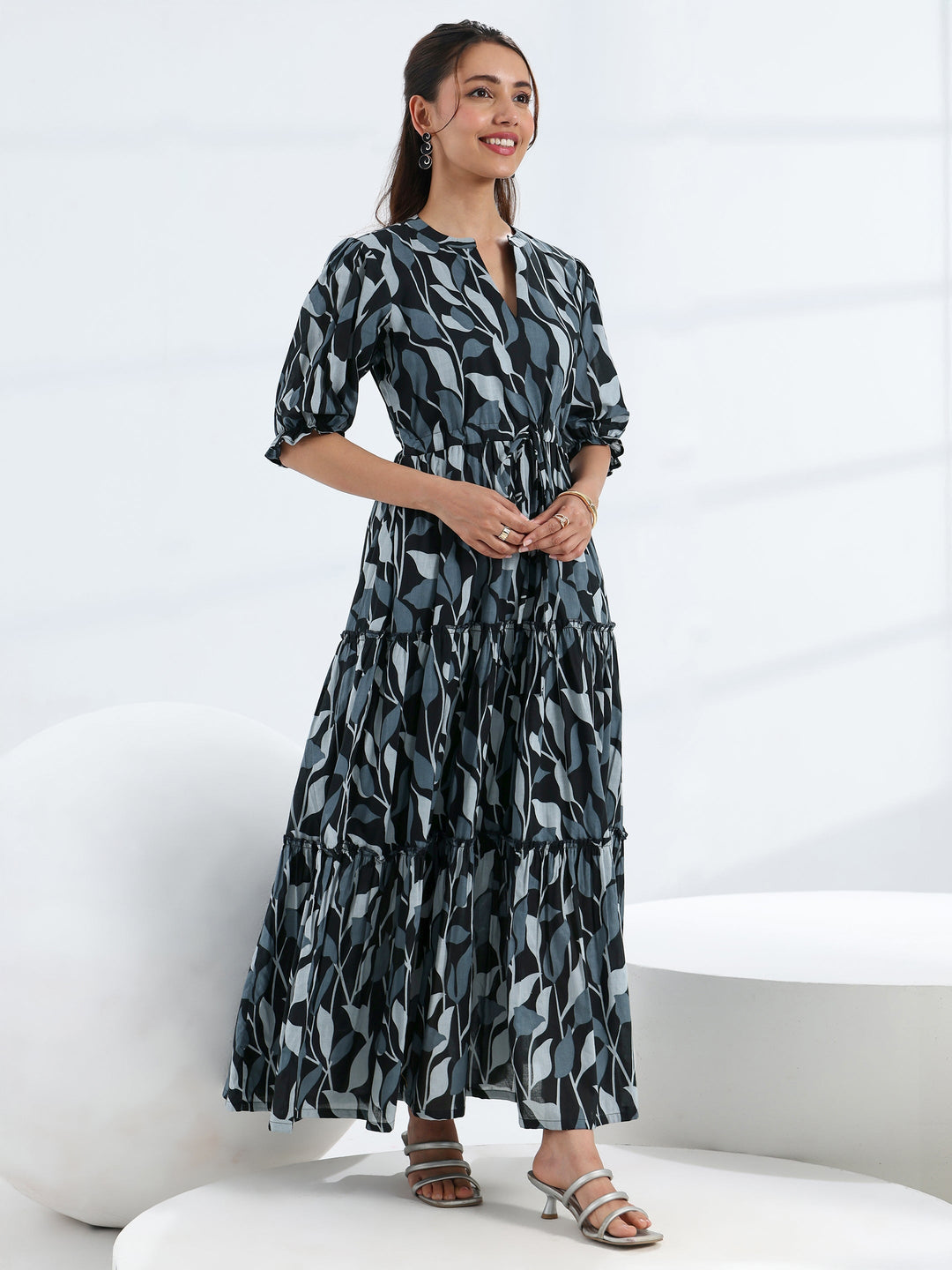  Black Tropical Printed Cotton Tiered One Piece Dress 