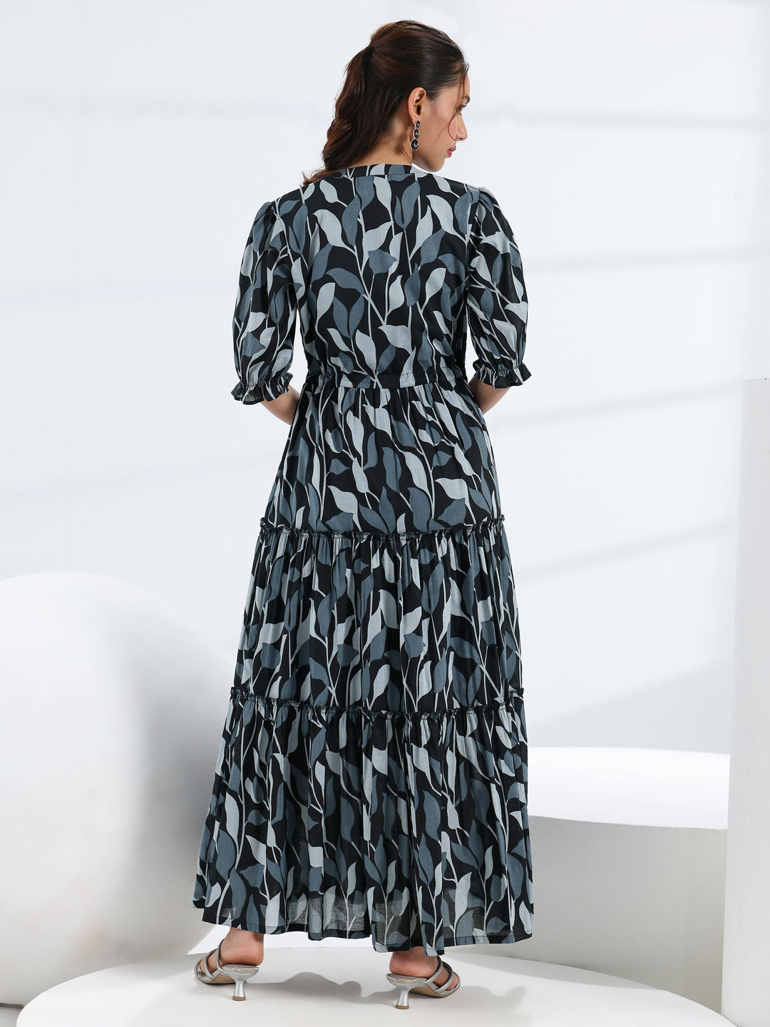  Black Tropical Printed Cotton Tiered One Piece Dress 