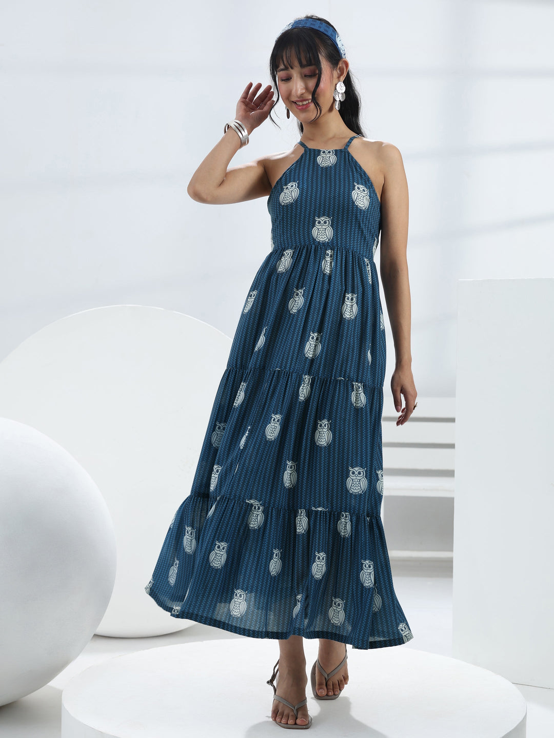  Blue Owl Printed Fit-And-Flare Cotton Blend One-Piece Tiered Dress 