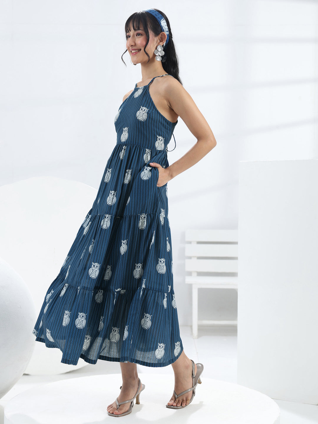  Blue Owl Printed Fit-And-Flare Cotton Blend One-Piece Tiered Dress 
