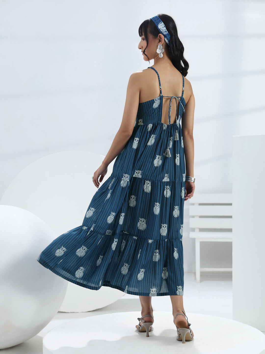  Blue Owl Printed Fit-And-Flare Cotton Blend One-Piece Tiered Dress 