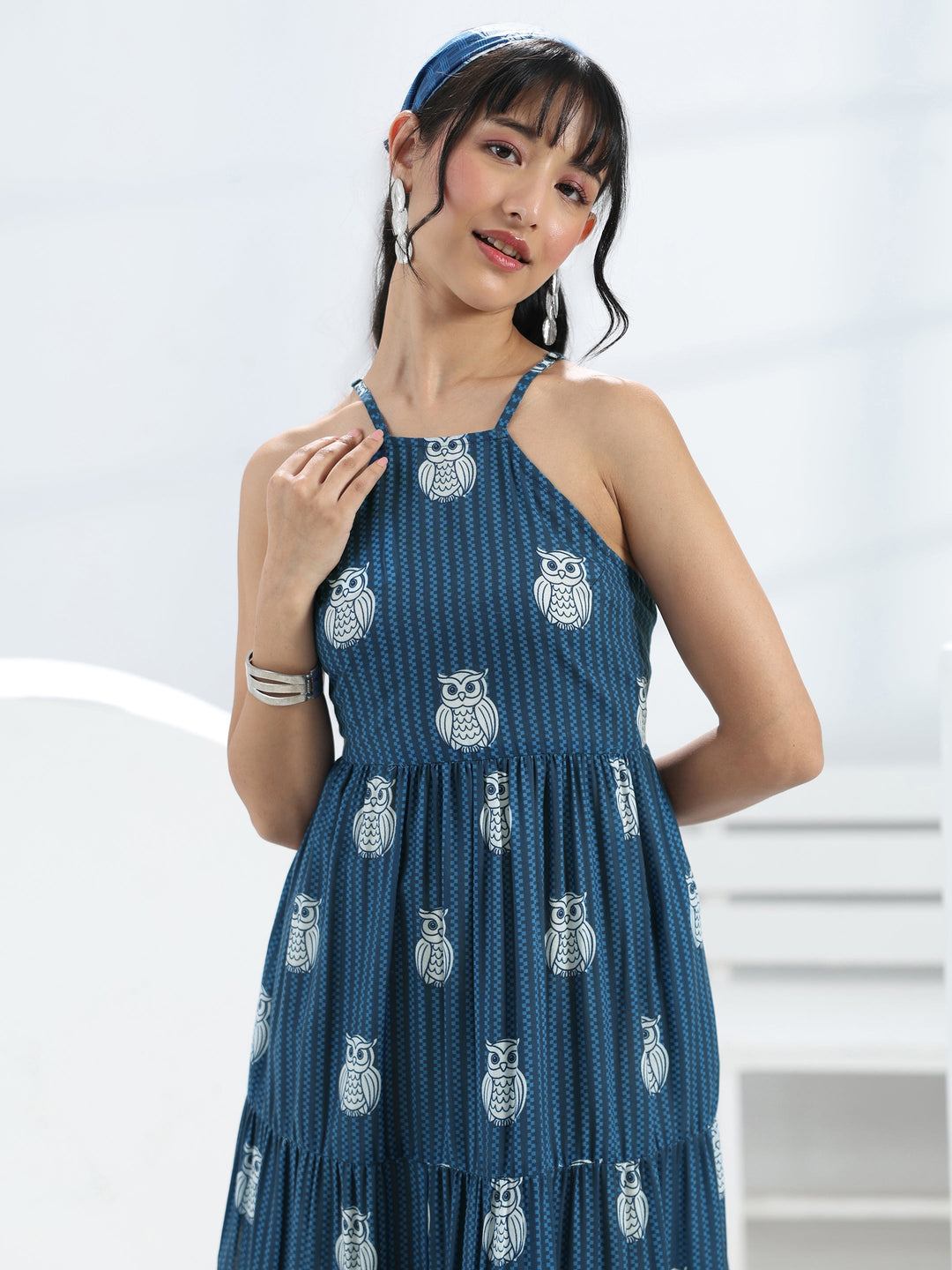  Blue Owl Printed Fit-And-Flare Cotton Blend One-Piece Tiered Dress 