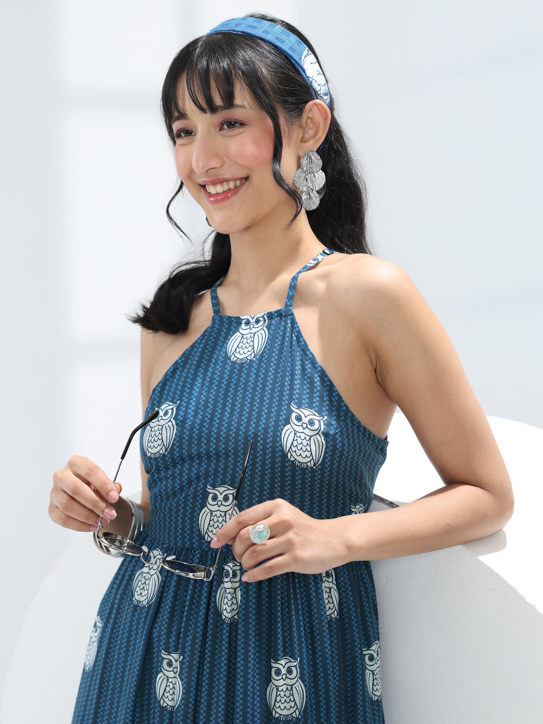  Blue Owl Printed Fit-And-Flare Cotton Blend One-Piece Tiered Dress 