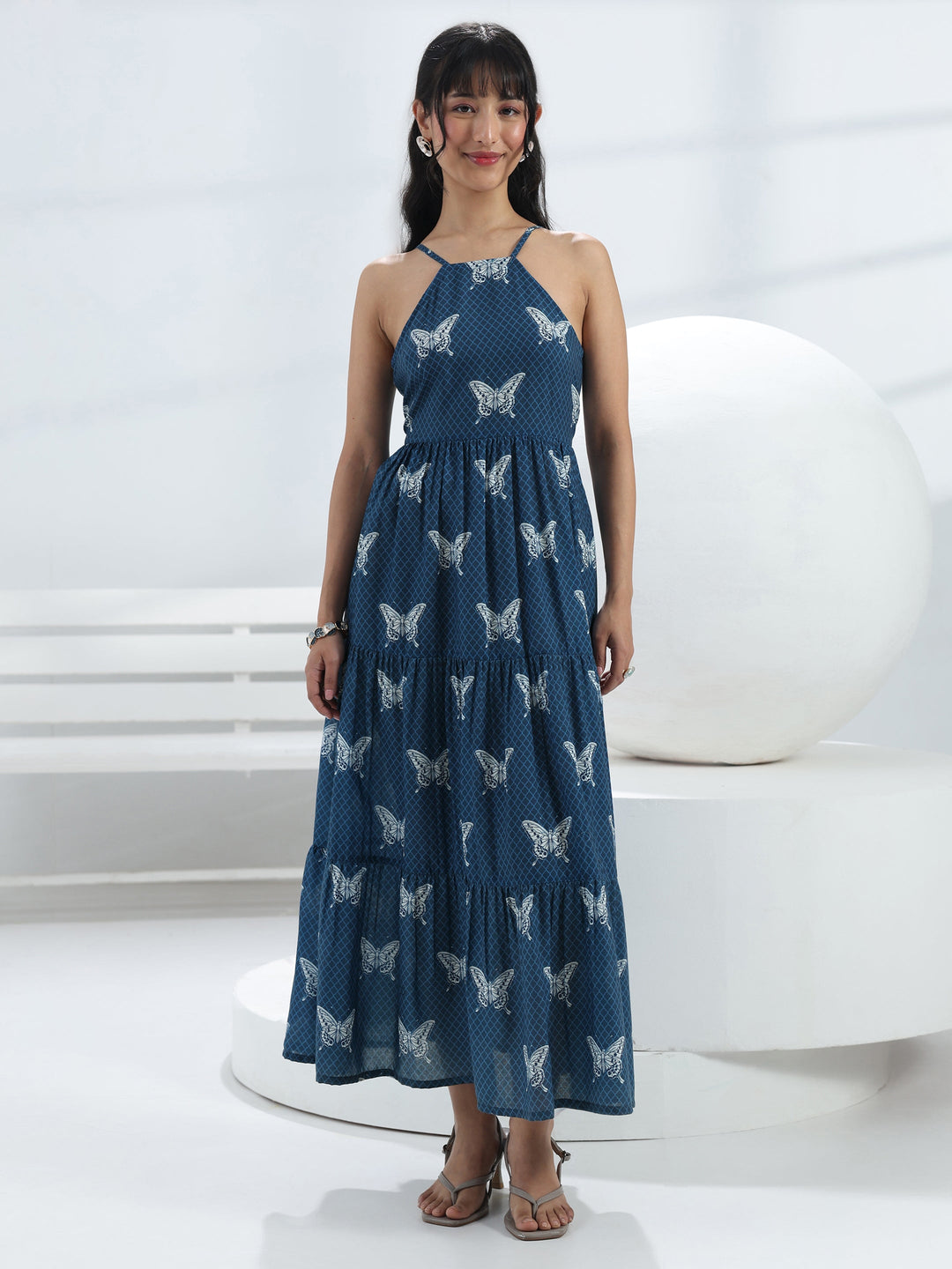  Blue Butterfly Printed Fit-And-Flare Cotton Blend One-Piece Tiered Dress 