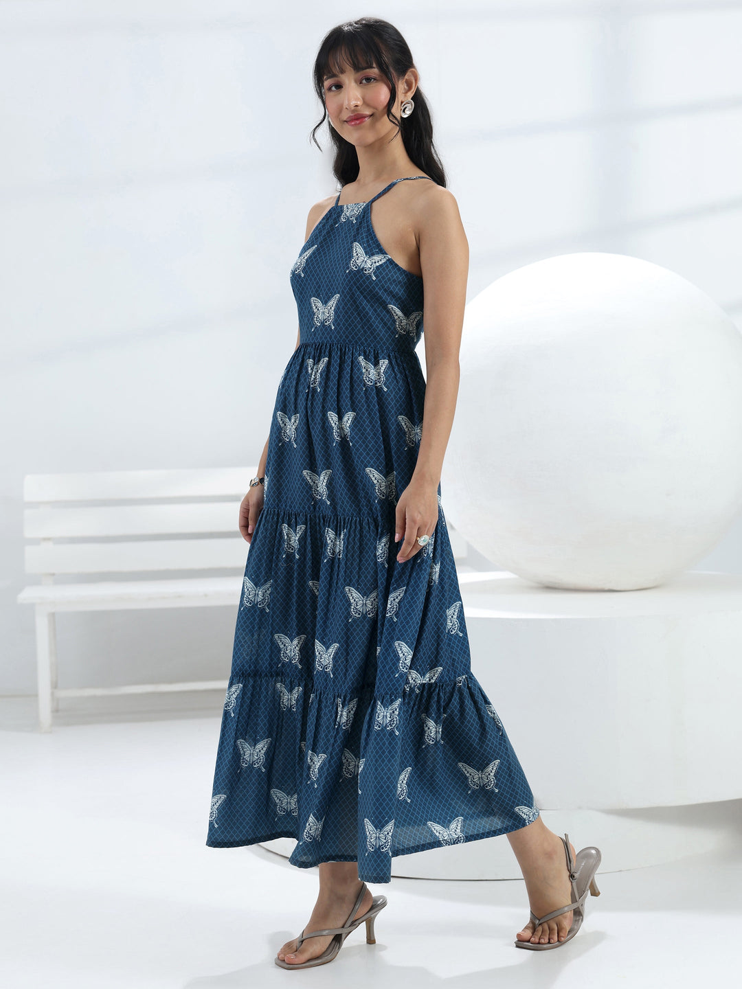  Blue Butterfly Printed Fit-And-Flare Cotton Blend One-Piece Tiered Dress 