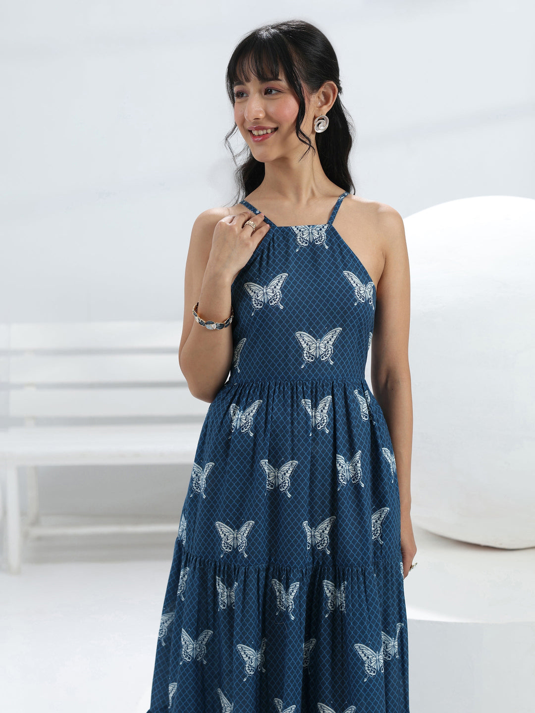  Blue Butterfly Printed Fit-And-Flare Cotton Blend One-Piece Tiered Dress 