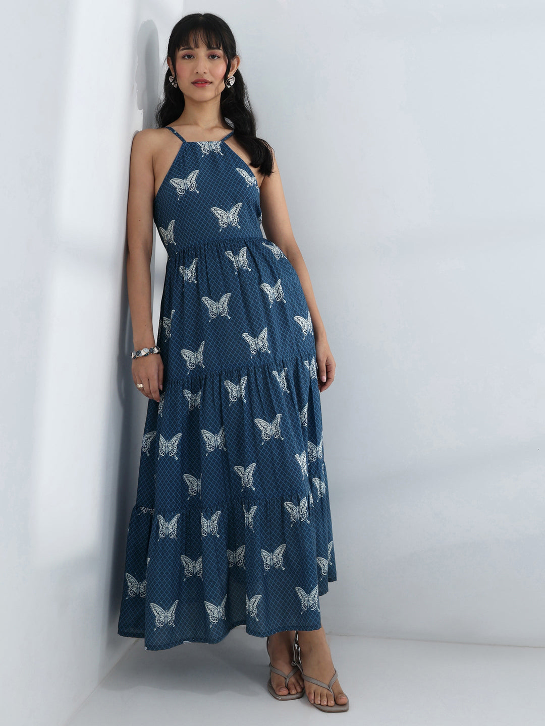  Blue Butterfly Printed Fit-And-Flare Cotton Blend One-Piece Tiered Dress 