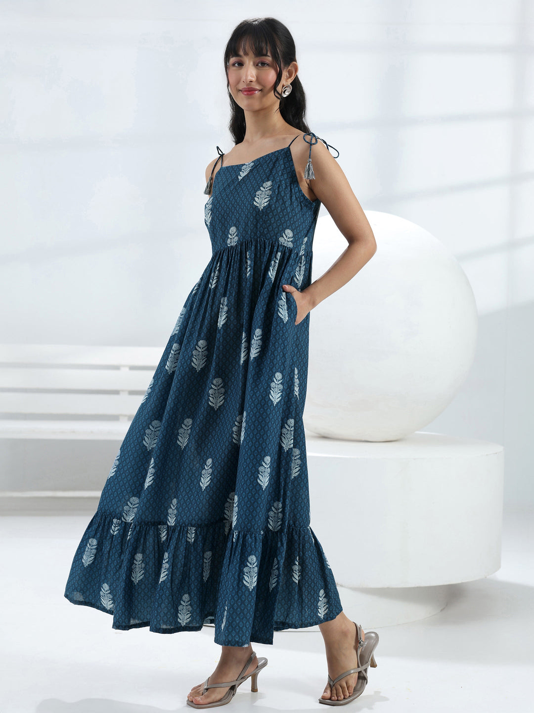  Blue Printed Fit-And-Flare Cotton Blend One-Piece Dress 