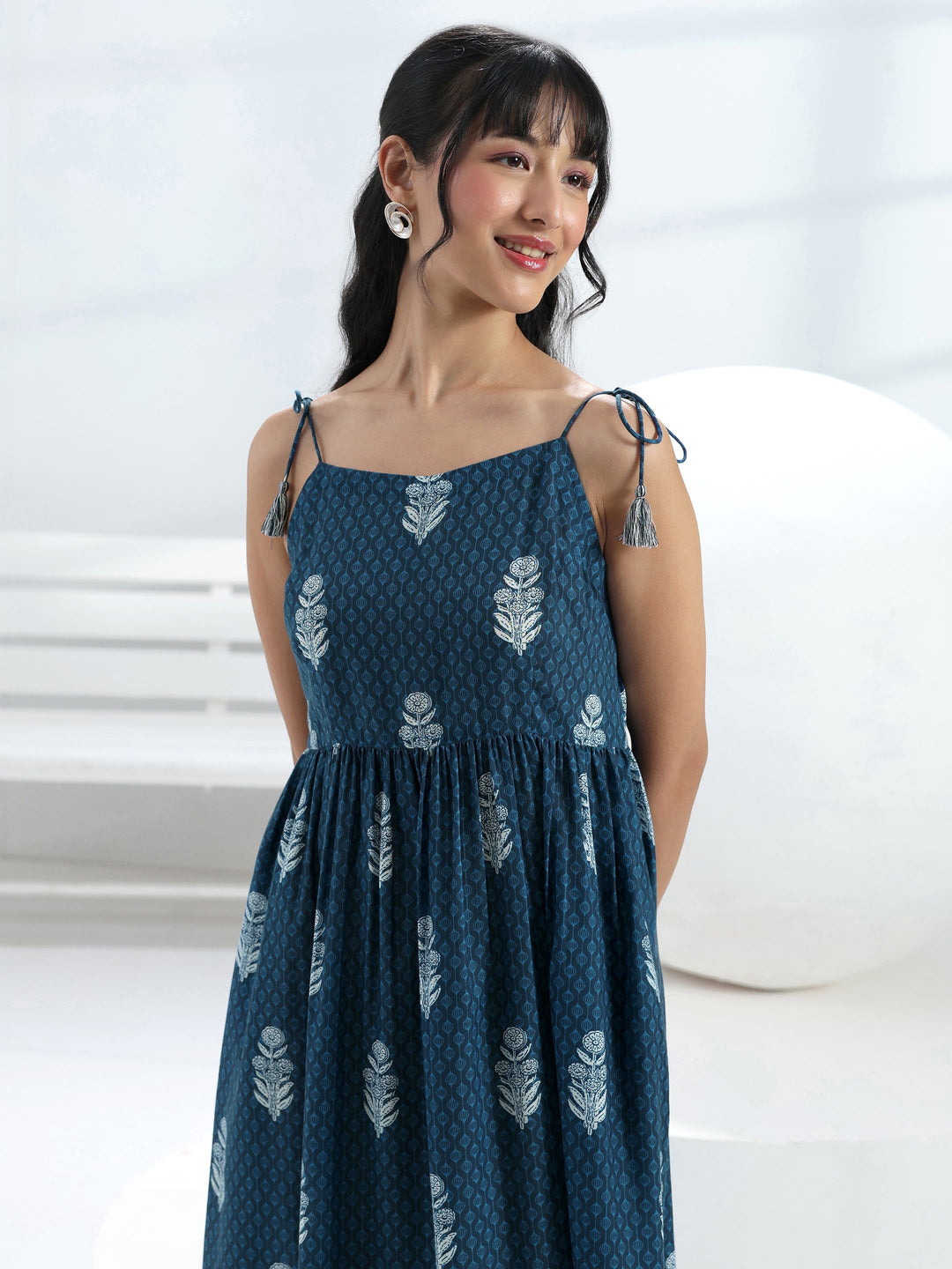  Blue Printed Fit-And-Flare Cotton Blend One-Piece Dress 