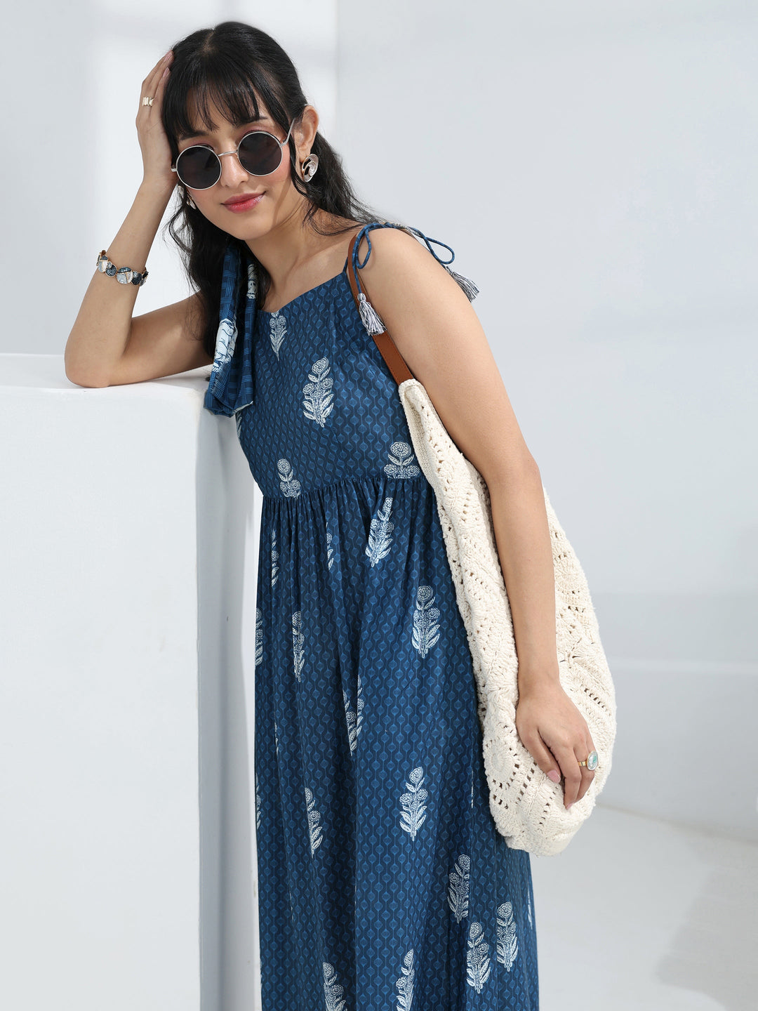  Blue Printed Fit-And-Flare Cotton Blend One-Piece Dress 