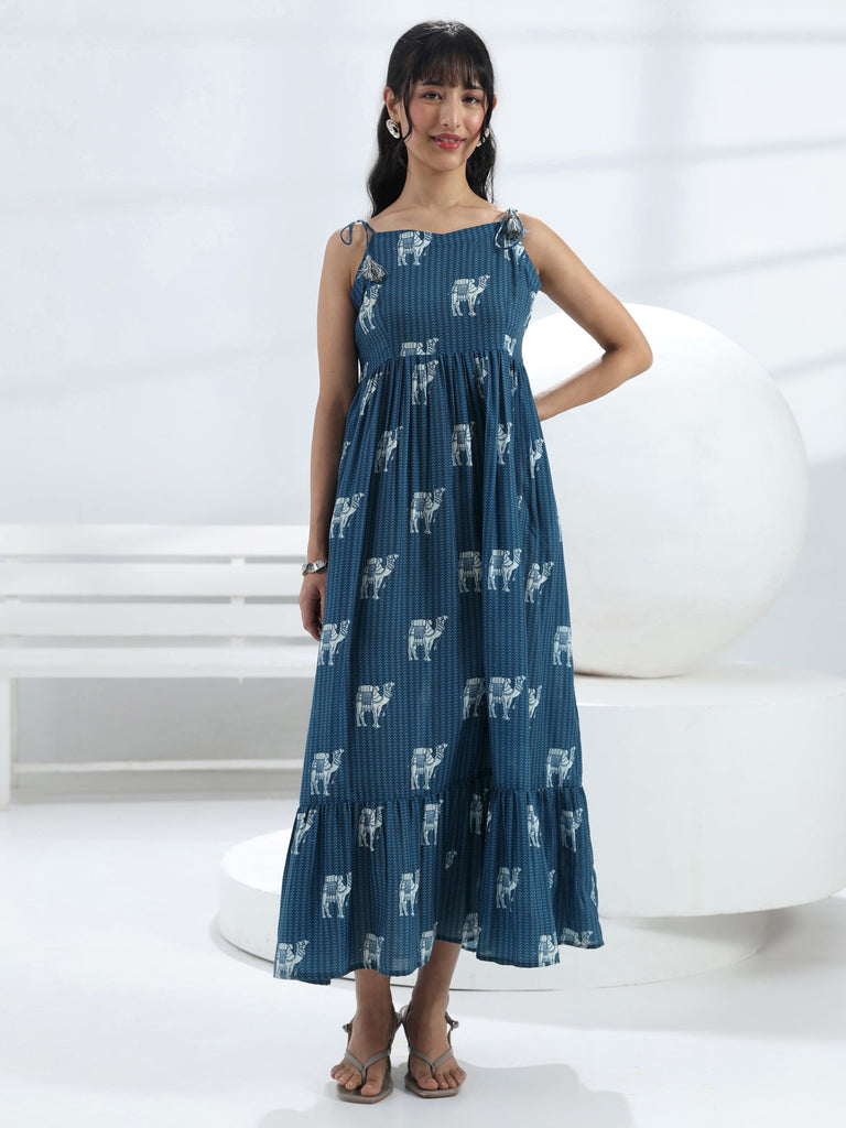 Libas Blue Camel Printed Fit-And-Flare Cotton Blend One-Piece Dress