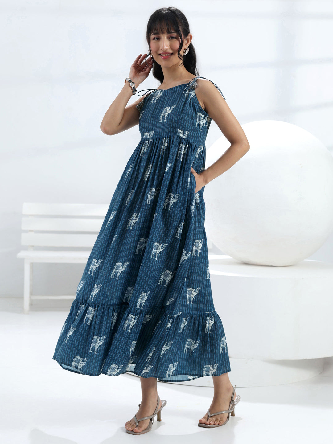  Blue Camel Printed Fit-And-Flare Cotton Blend One-Piece Dress 